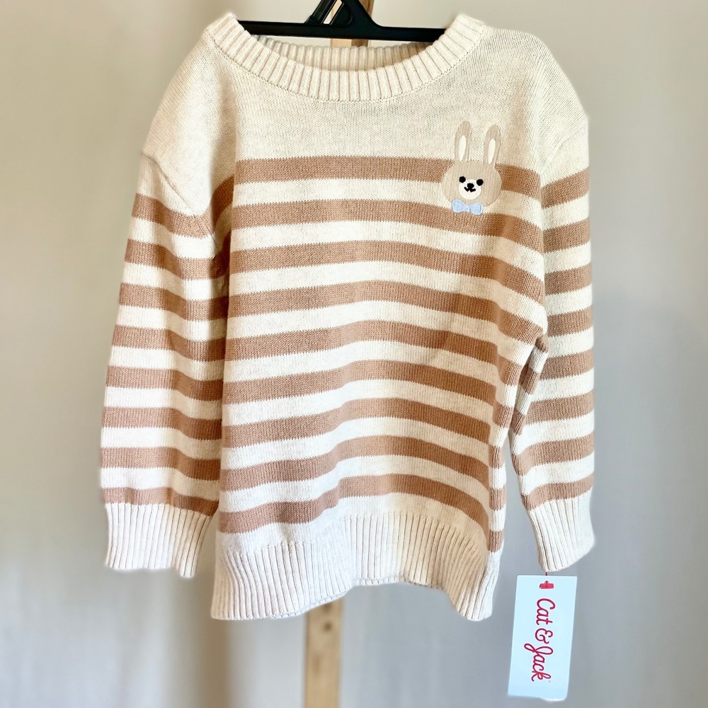 Cat & Jack‎ Kids 18M Striped Bunny Knit Sweater Cream Tan Pullover NWT